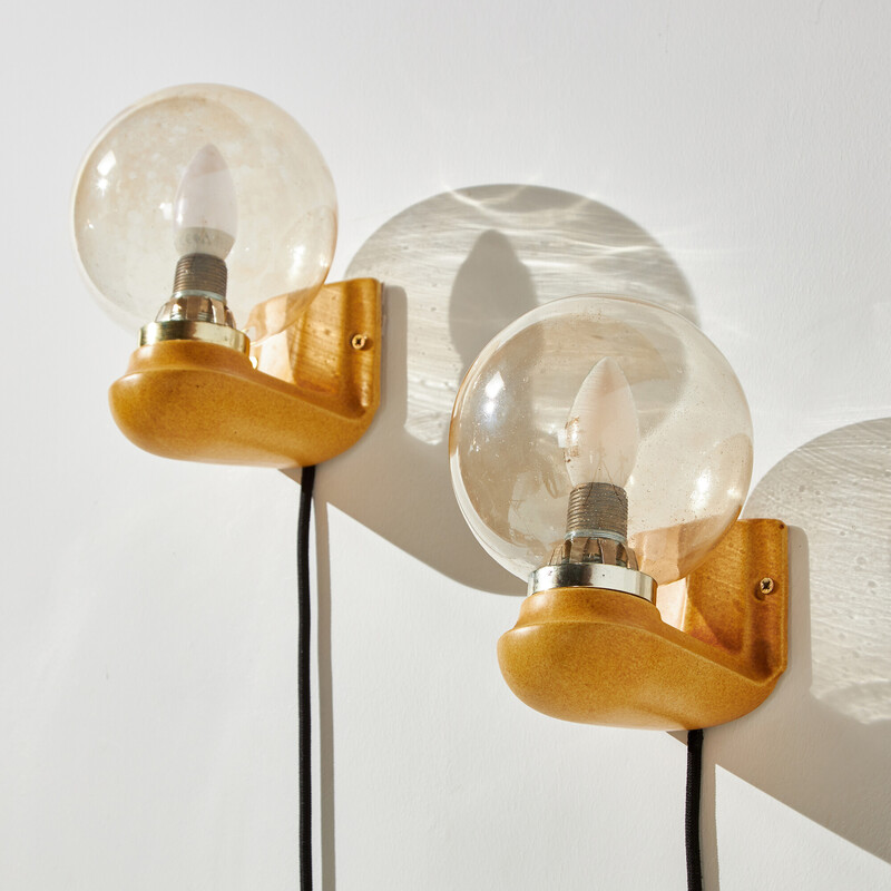 Paar Wandlampen aus Keramik mit Glasschirmen für Orion, 1970