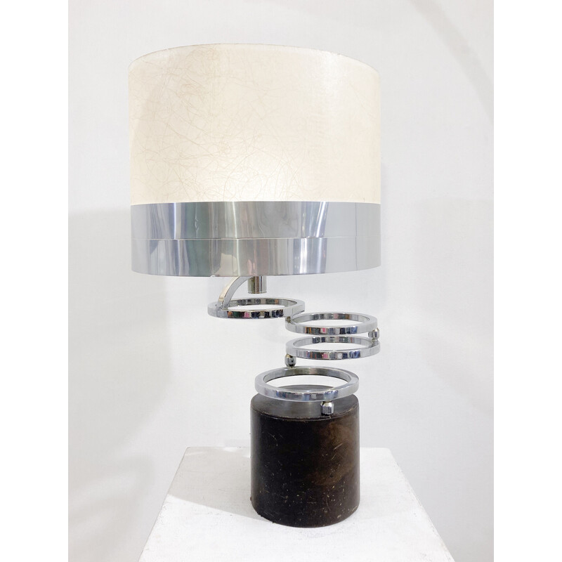 Lámpara de mesa vintage en cromo y cuero