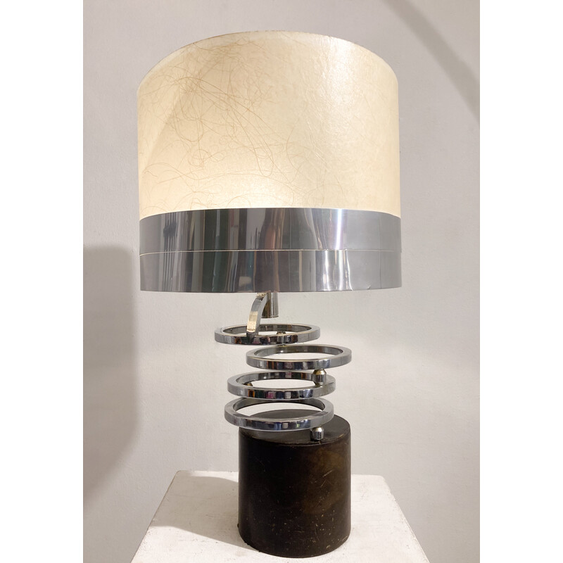 Lámpara de mesa vintage en cromo y cuero