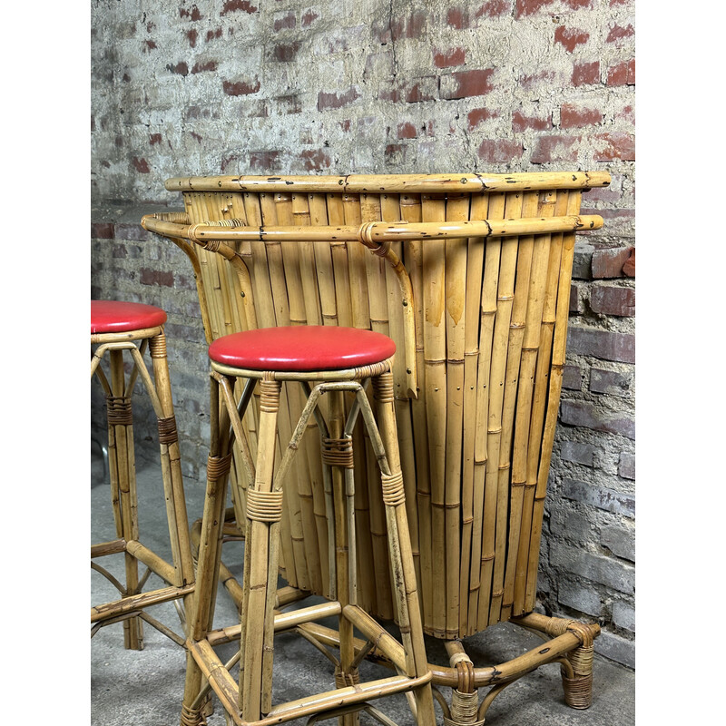 Vintage Tiki bar in bamboo and red formica with 2 stools, 1960