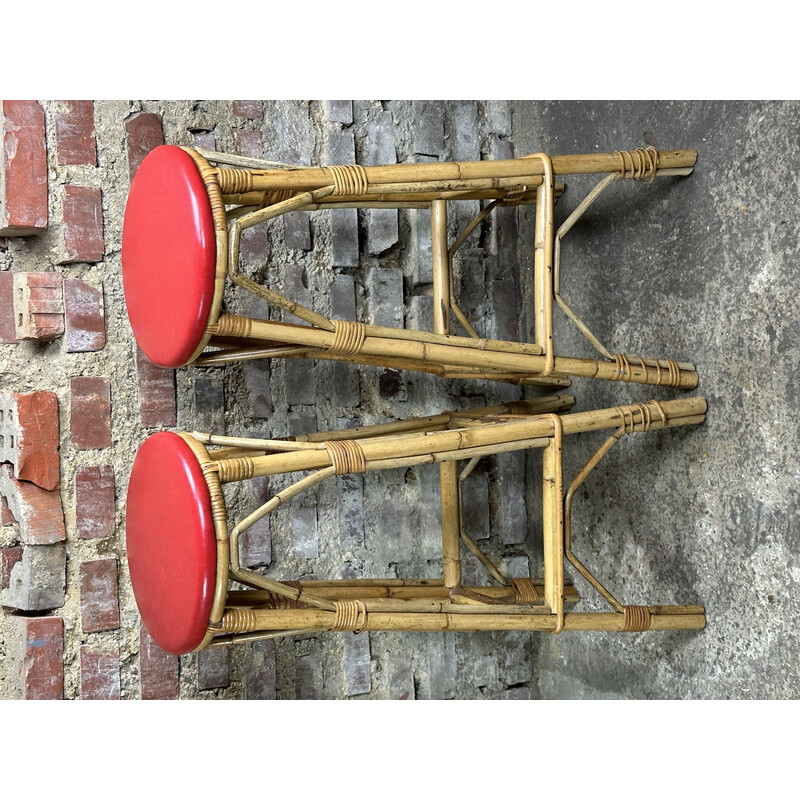 Bar vintage Tiki en bambou et formica rouge avec 2 tabourets, 1960