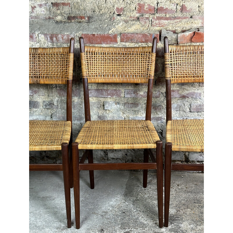 Set of 4 vintage teak and woven rattan chairs, 1960