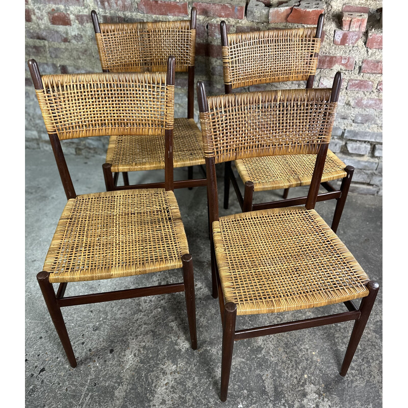 Set van 4 vintage teakhouten en gevlochten rotan stoelen, 1960