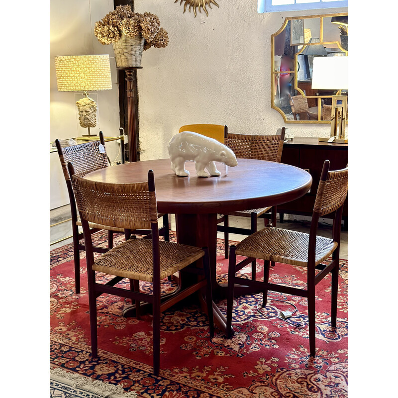 Set of 4 vintage teak and woven rattan chairs, 1960