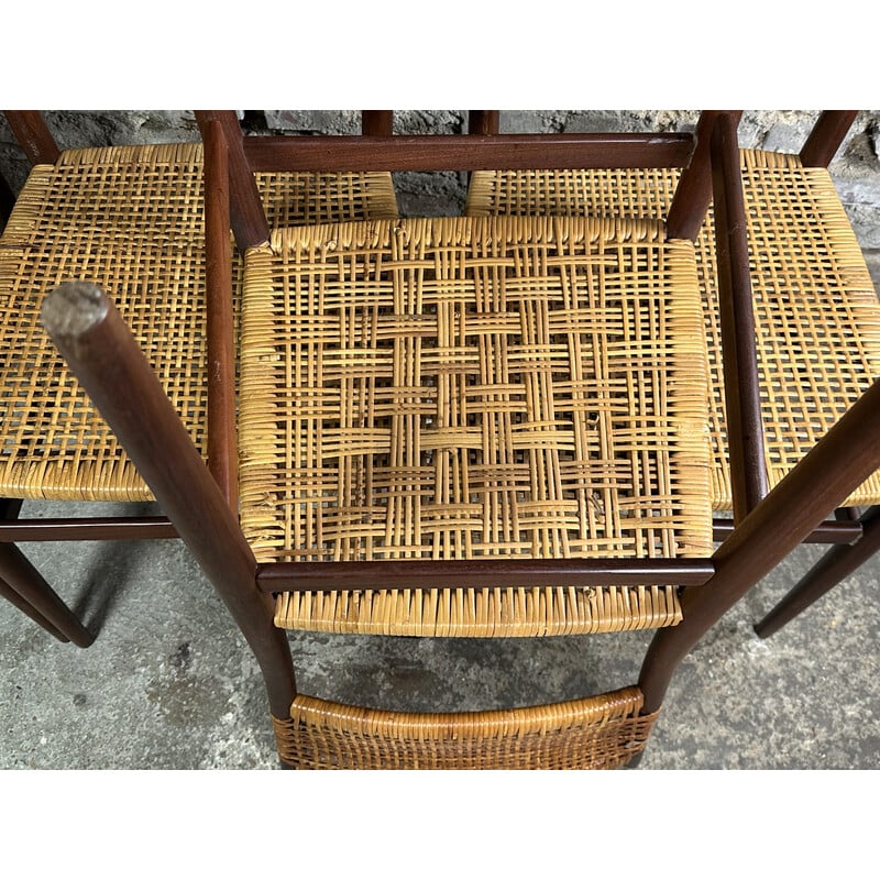 Conjunto de 4 cadeiras vintage em teca e vime tecido, 1960