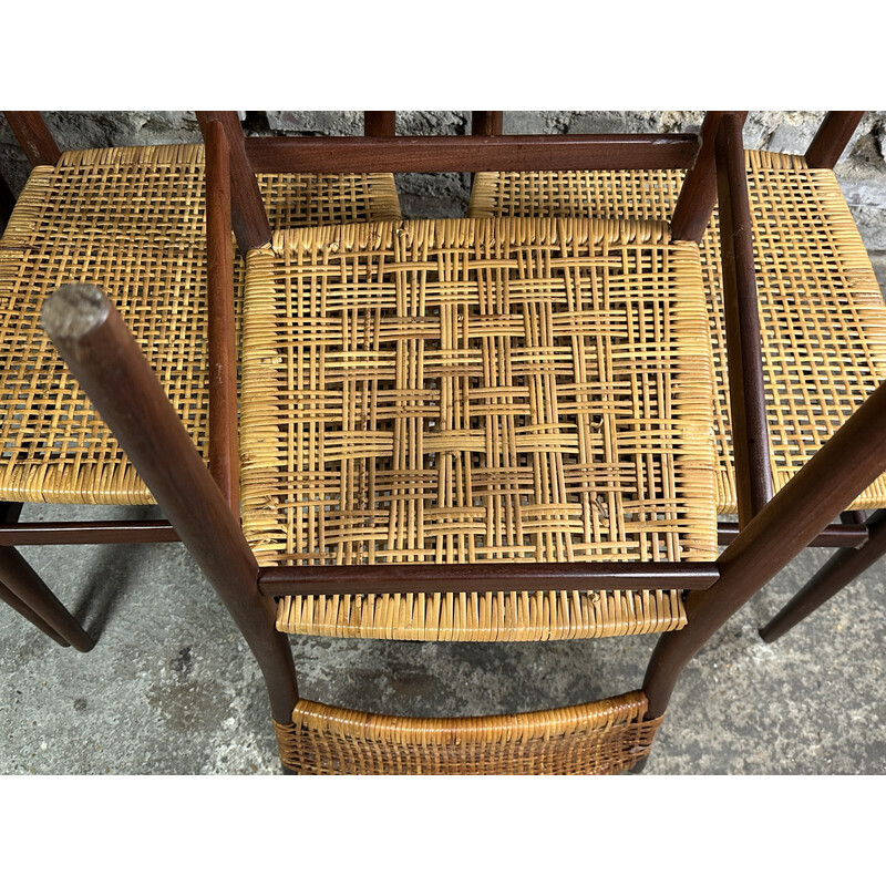 Set of 4 vintage teak and woven rattan chairs, 1960