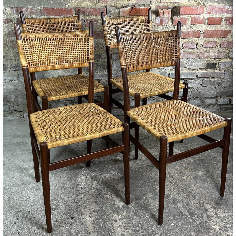 Set of 4 vintage teak and woven rattan chairs, 1960