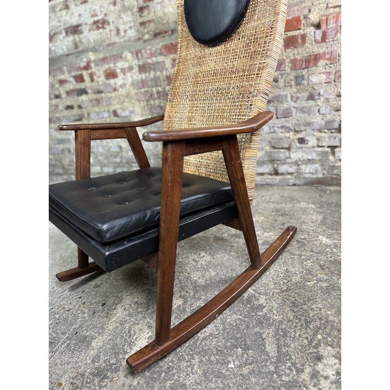 Vintage teak and rattan rocking chair by P.J Muntendam for Gebroeders Jokers, 1950