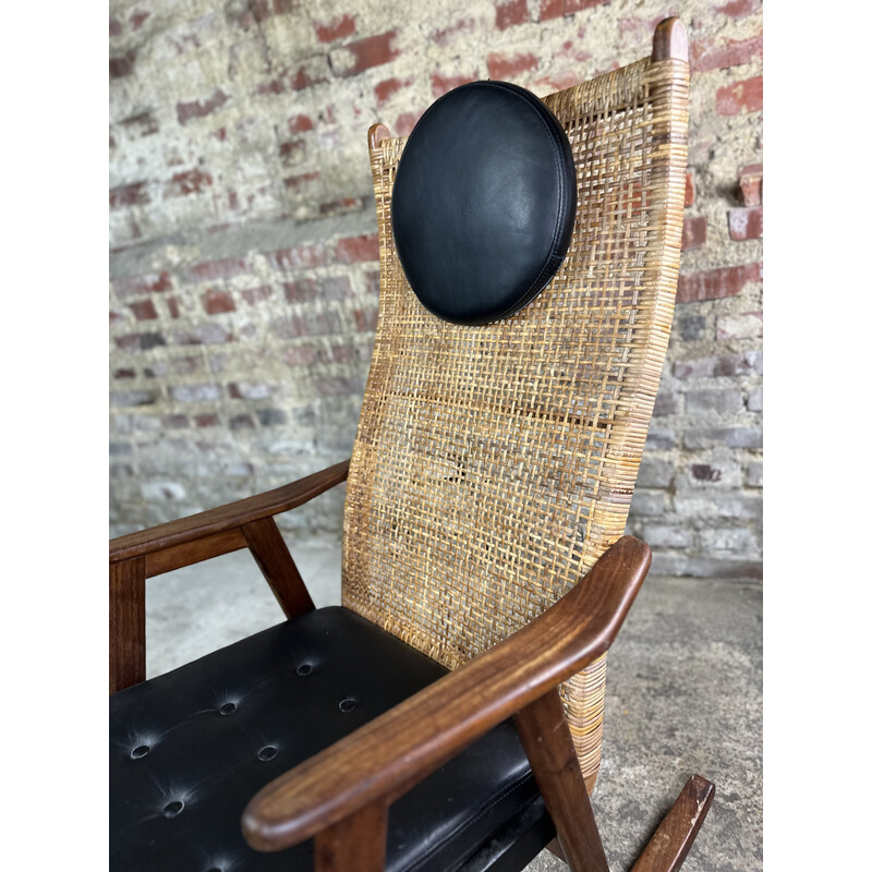 Vintage teak and rattan rocking chair by P.J Muntendam for Gebroeders Jokers, 1950