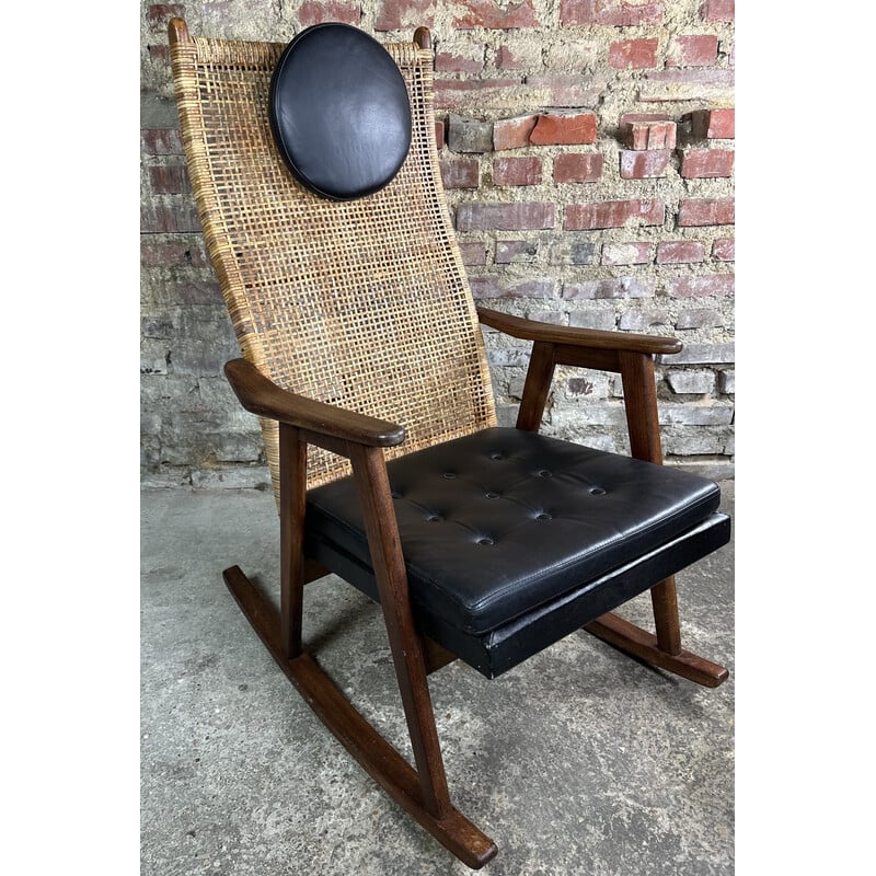 Vintage teak and rattan rocking chair by P.J Muntendam for Gebroeders Jokers, 1950