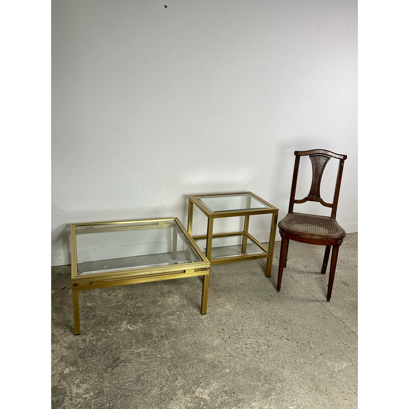 Pair of vintage coffee tables in gilded aluminum and glass by Pierre Vandel, 1970