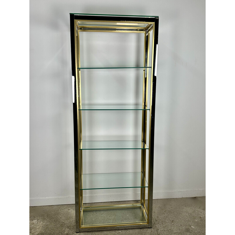 Vintage bookshelf in chromed aluminum and brass by Renato Zevi, Italy 1970