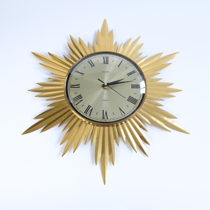 Vintage Starburst wall clock in teak and chrome for Metamec, England 1960