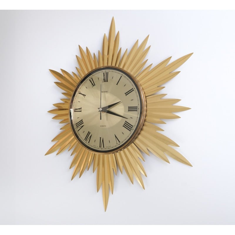 Vintage Starburst wall clock in teak and chrome for Metamec, England 1960