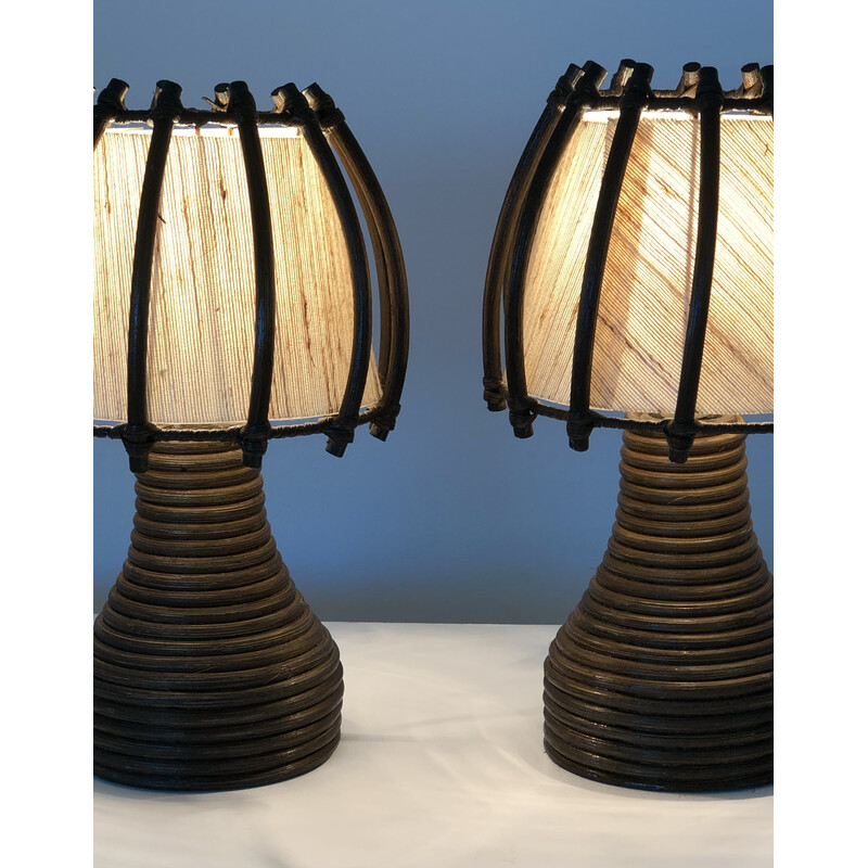 Vintage rattan table lamps by Louis Sognot, France 1950