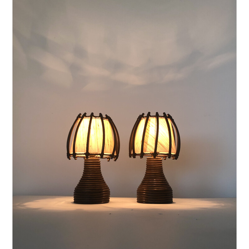 Vintage rattan table lamps by Louis Sognot, France 1950