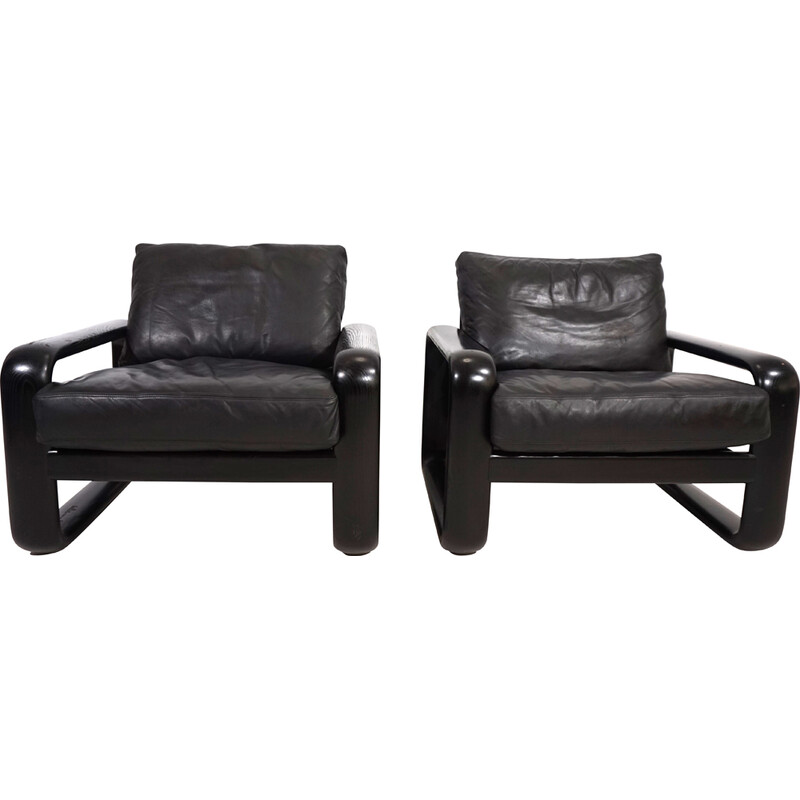 Pair of vintage armchairs in black wood and black leather by Burkhard Vogtherr for Rosenthal, 1970