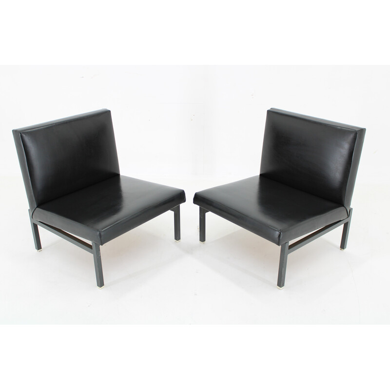 Pair of vintage armchairs in imitation leather and lacquered iron, Czechoslovakia 1970