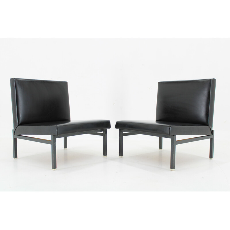 Pair of vintage armchairs in imitation leather and lacquered iron, Czechoslovakia 1970