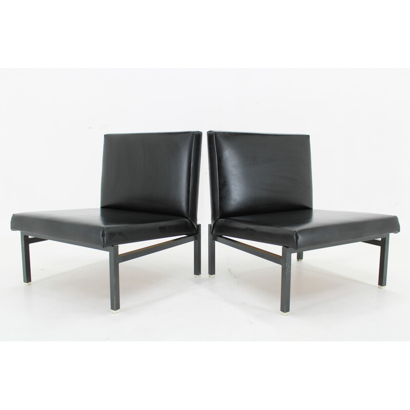 Pair of vintage armchairs in imitation leather and lacquered iron, Czechoslovakia 1970