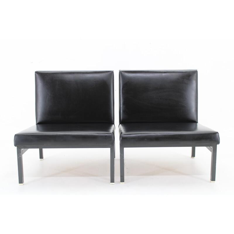 Pair of vintage armchairs in imitation leather and lacquered iron, Czechoslovakia 1970