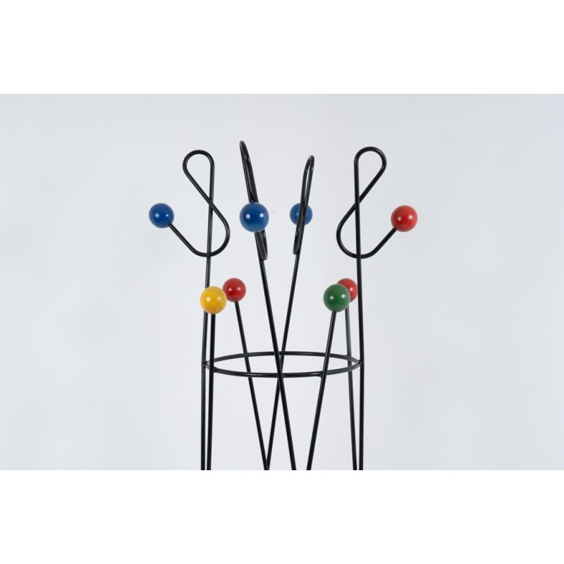 Vintage coat rack in black lacquered metal and colored wood by Roger Feraud, France 1950