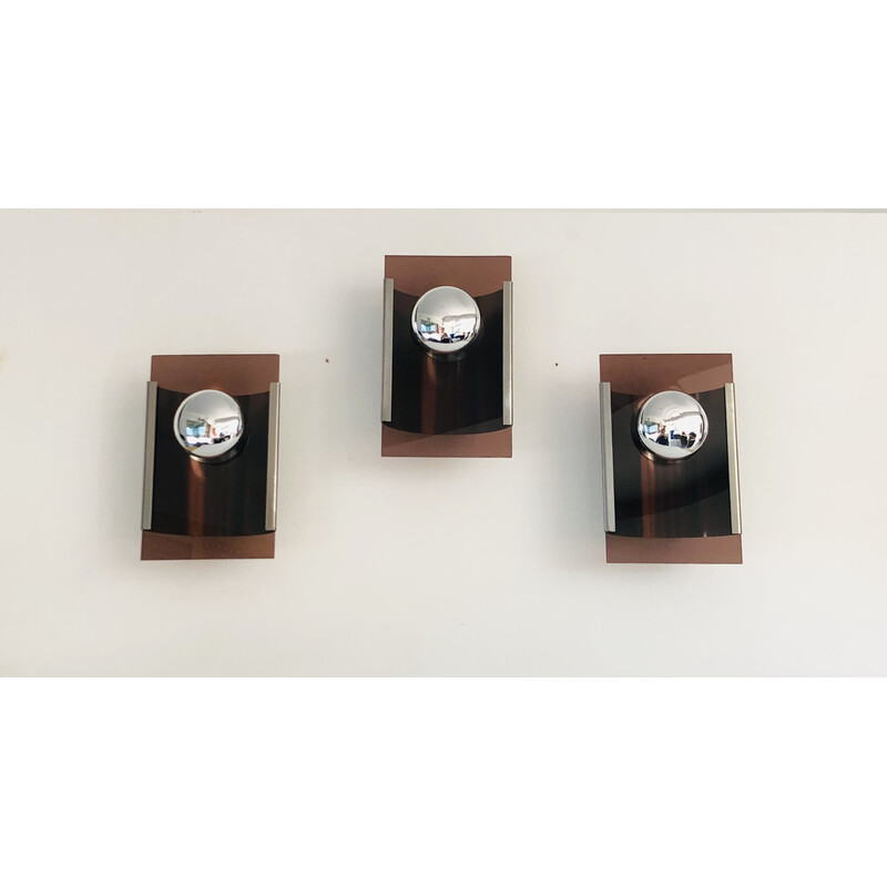 Set of 3 vintage wall lamp in stainless steel and brown plexiglass, France 1970