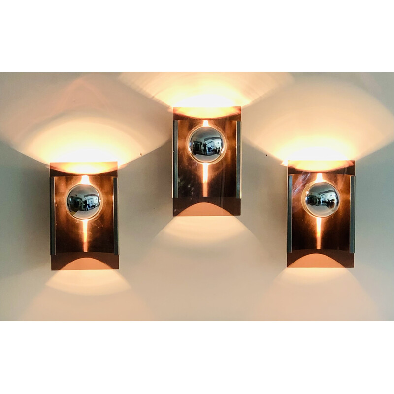 Set of 3 vintage wall lamp in stainless steel and brown plexiglass, France 1970