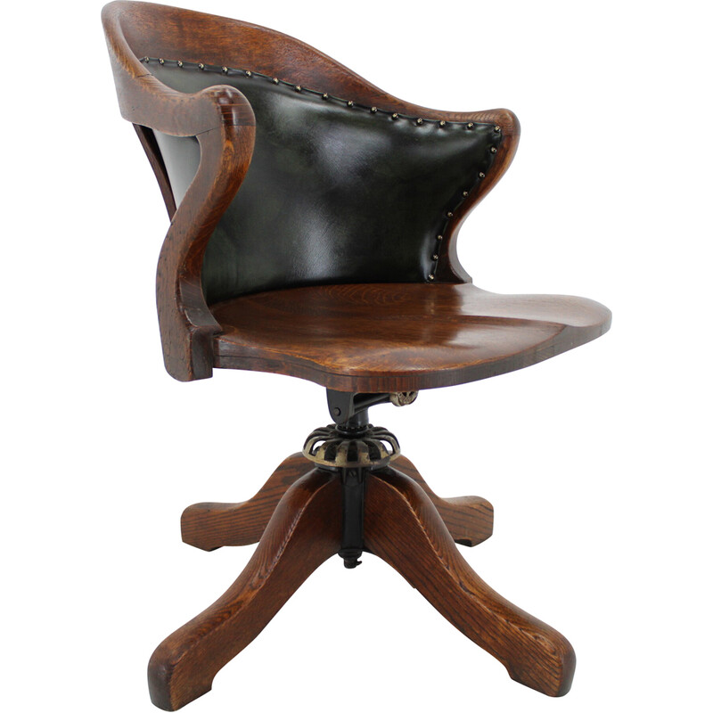 Vintage reclining office chair in oak and green leather, Germany 1930