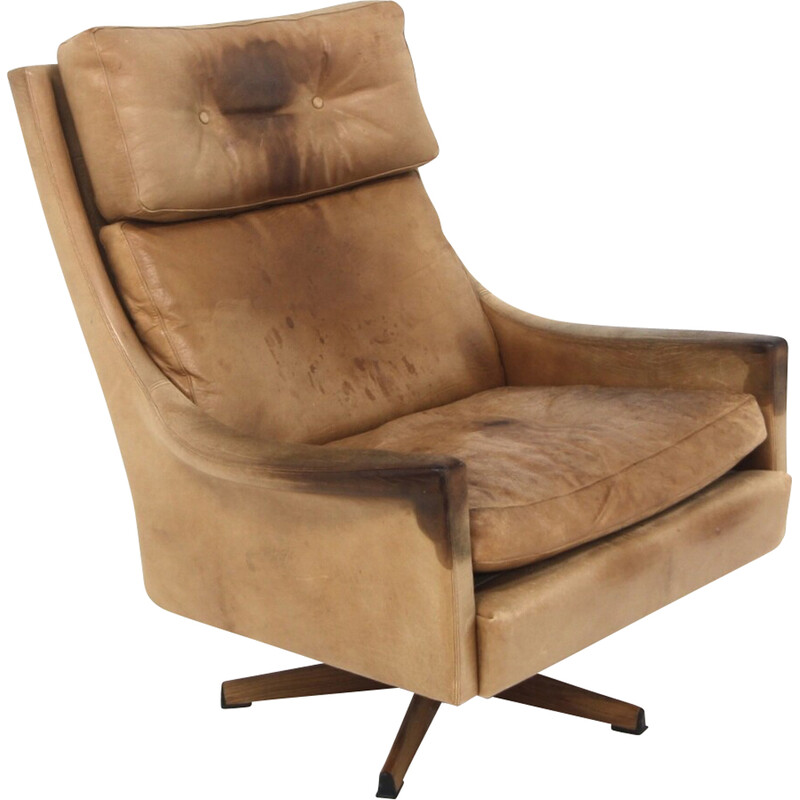 Vintage Minerva rotating armchair in rosewood and leather by Torbjørn Afdal, Sweden 1960