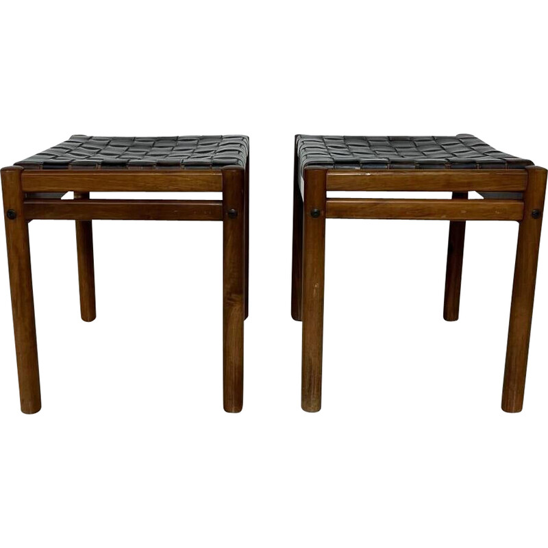 Pair of vintage stools in wood and brown leather