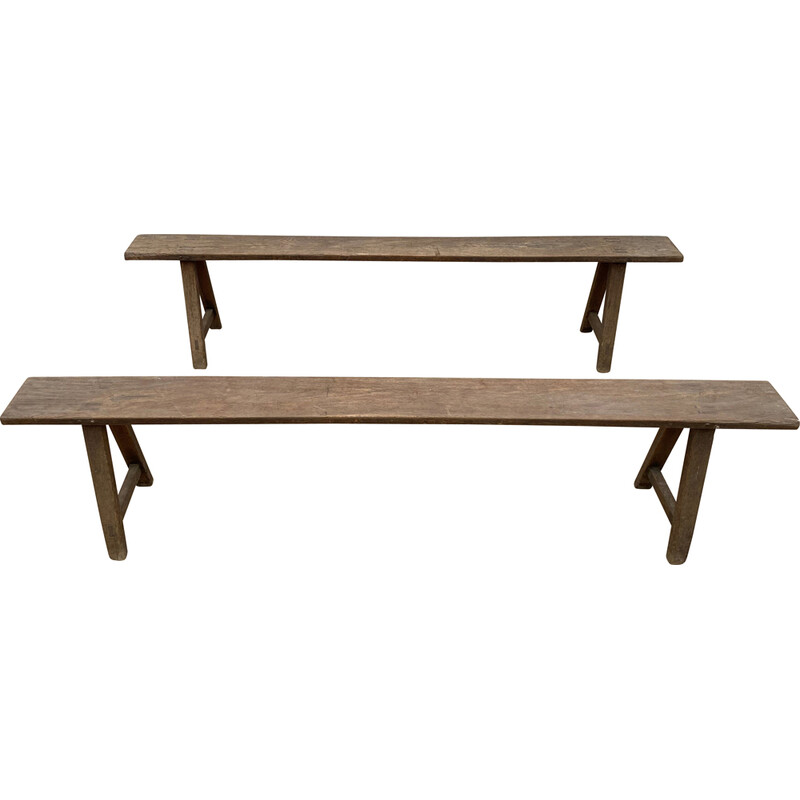 Pair of vintage solid oak farm benches, 1900