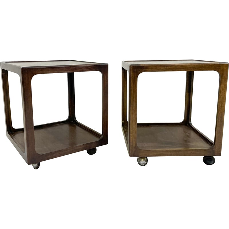 Pair of vintage wooden side tables with casters, 1960