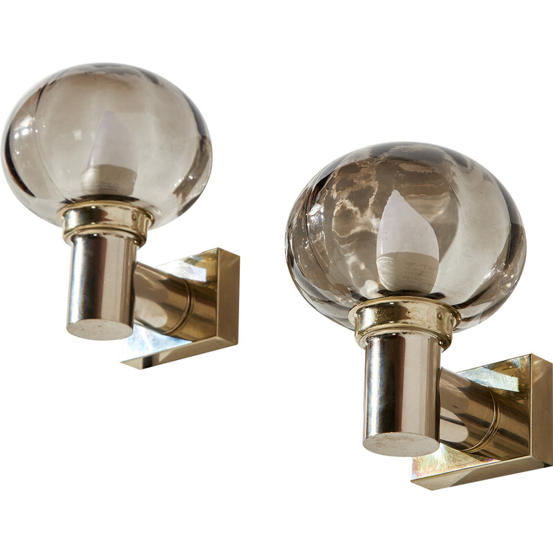 Pair of vintage sconces in smoked glass and metal, 1970