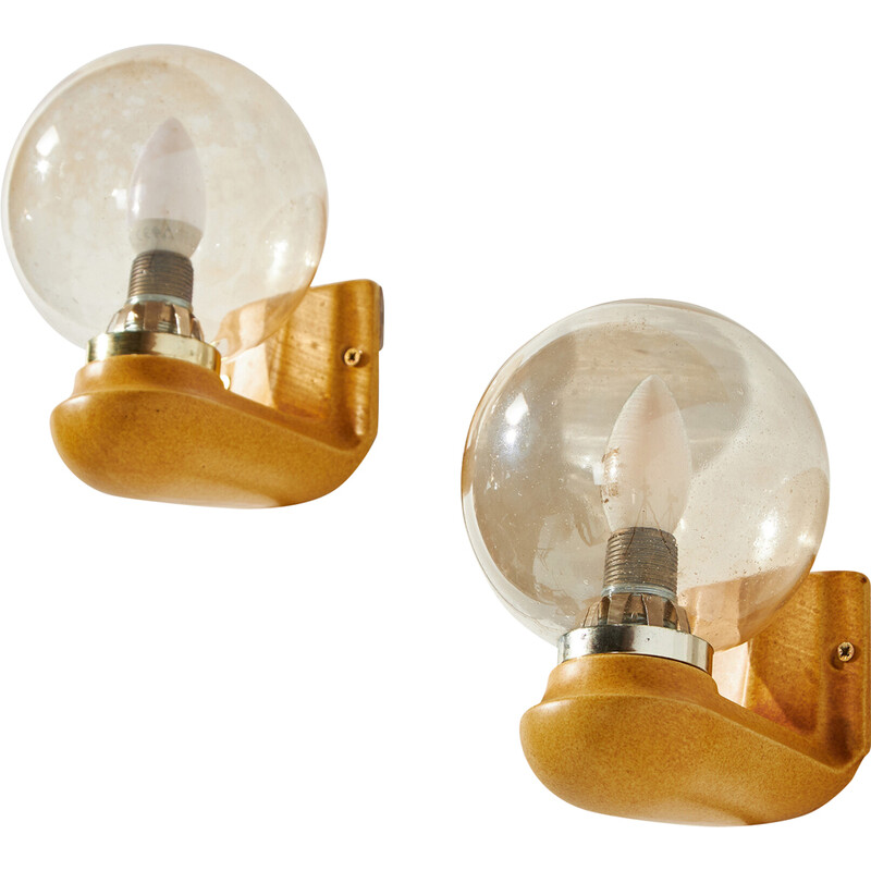 Pair of vintage ceramic wall lamp with glass shades for Orion, 1970