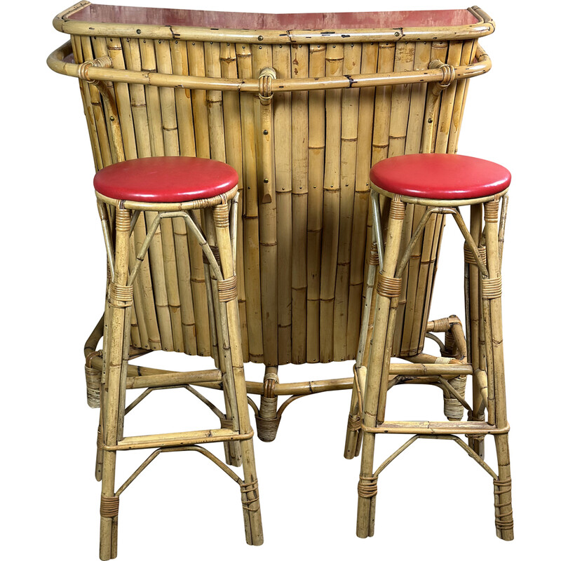 Vintage Tiki bar van bamboe en rood formica met 2 krukken, 1960