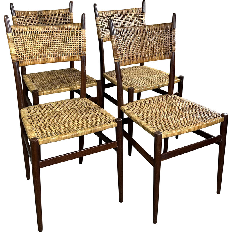 Juego de 4 sillas vintage de teca y ratán tejido, 1960