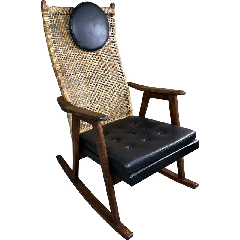 Rocking chair vintage en teck et rotin par P.J Muntendam pour Gebroeders Jokers, 1950