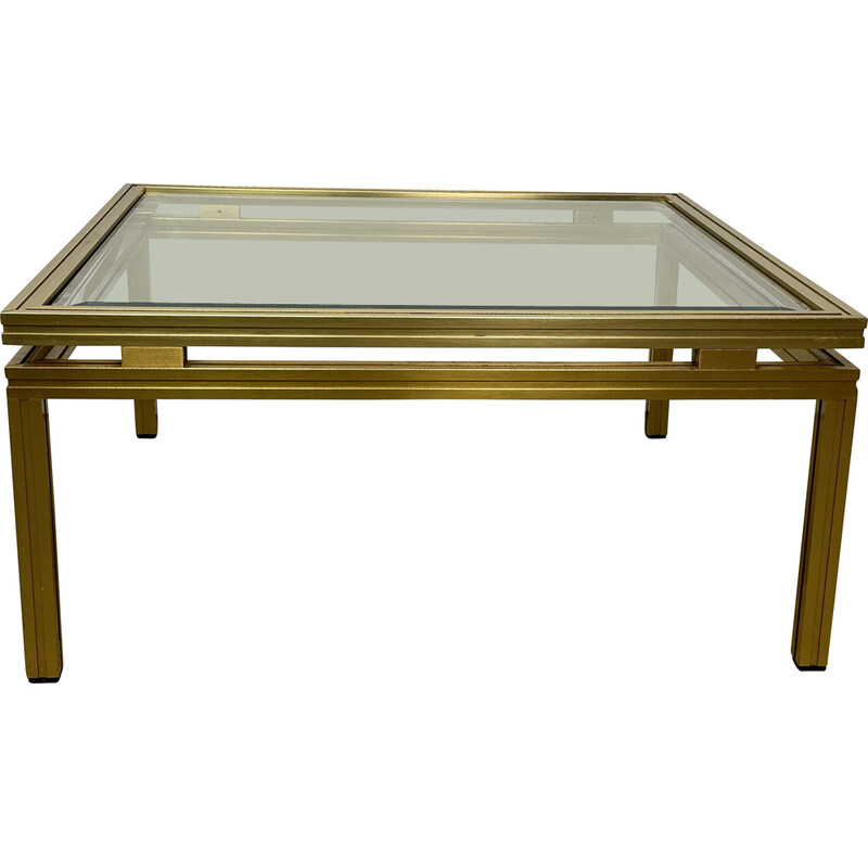 Pair of vintage coffee tables in gilded aluminum and glass by Pierre Vandel, 1970