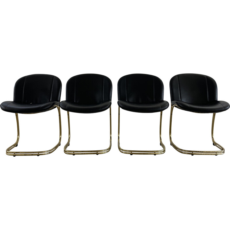 Set van 4 vintage Sabrina-stoelen van verguld metaal en imitatieleer van Gastone Rinaldi voor Rima, Italië 1970