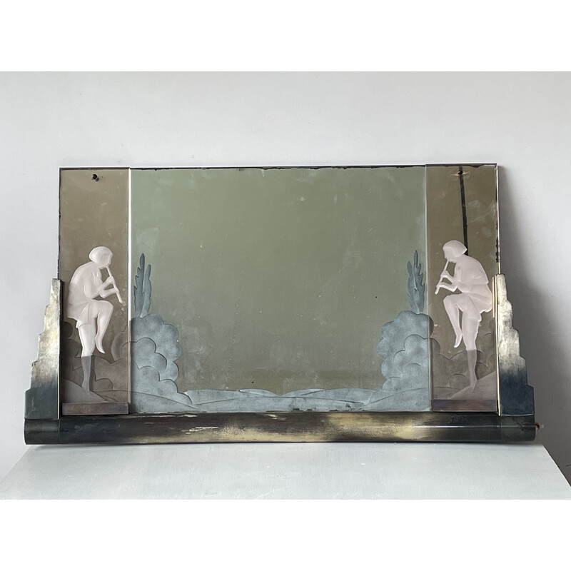 Vintage Art-deco mirror decorated with flute players, 1940
