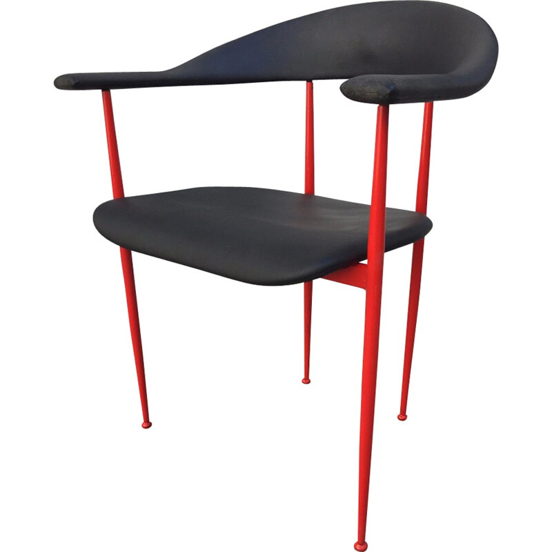 A set of 4 red easy chairs in plastics and metal by G. Vegni for Fasem - 1980s