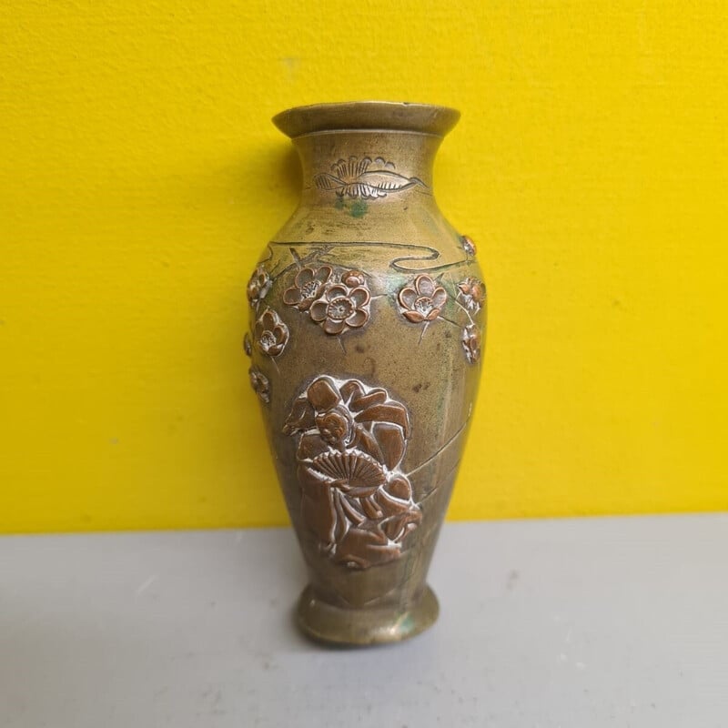Vintage bronzen en met koper ingelegde vaas uit de Meji periode, Japan