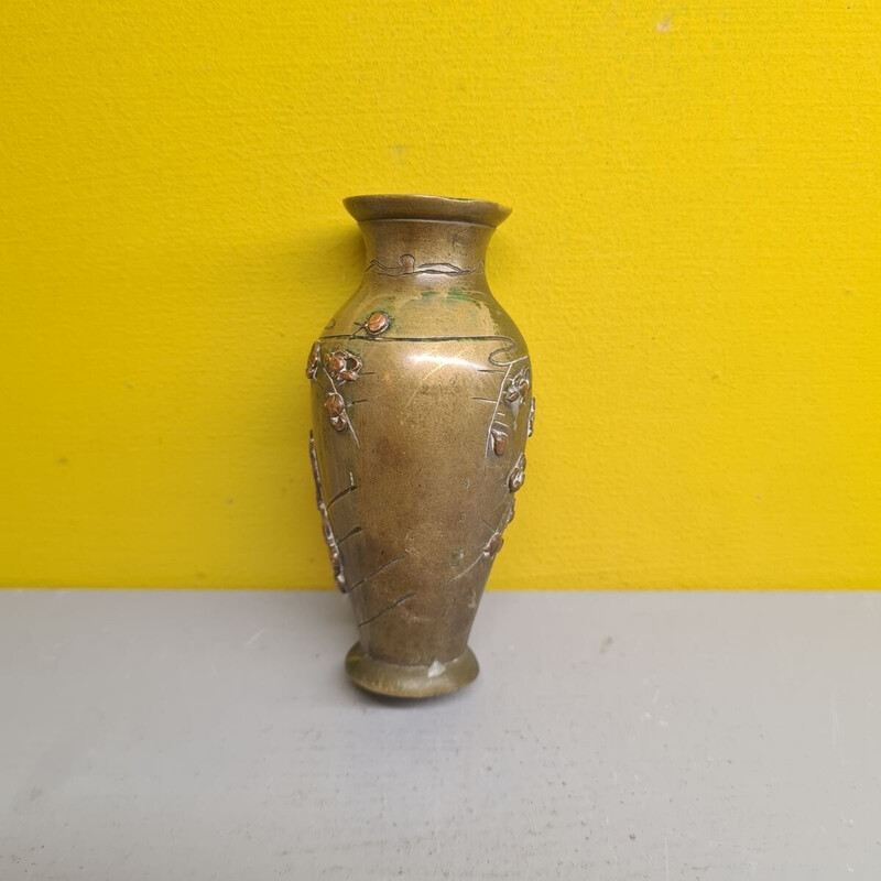 Vaso vintage em bronze e cobre incrustado do período Meji, Japão