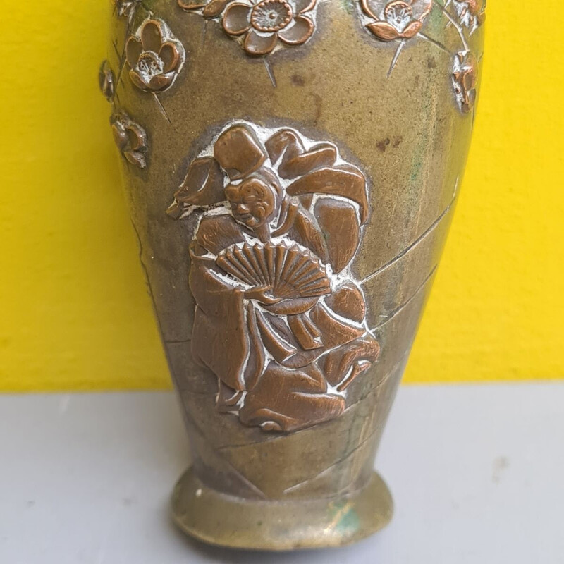Vintage bronzen en met koper ingelegde vaas uit de Meji periode, Japan