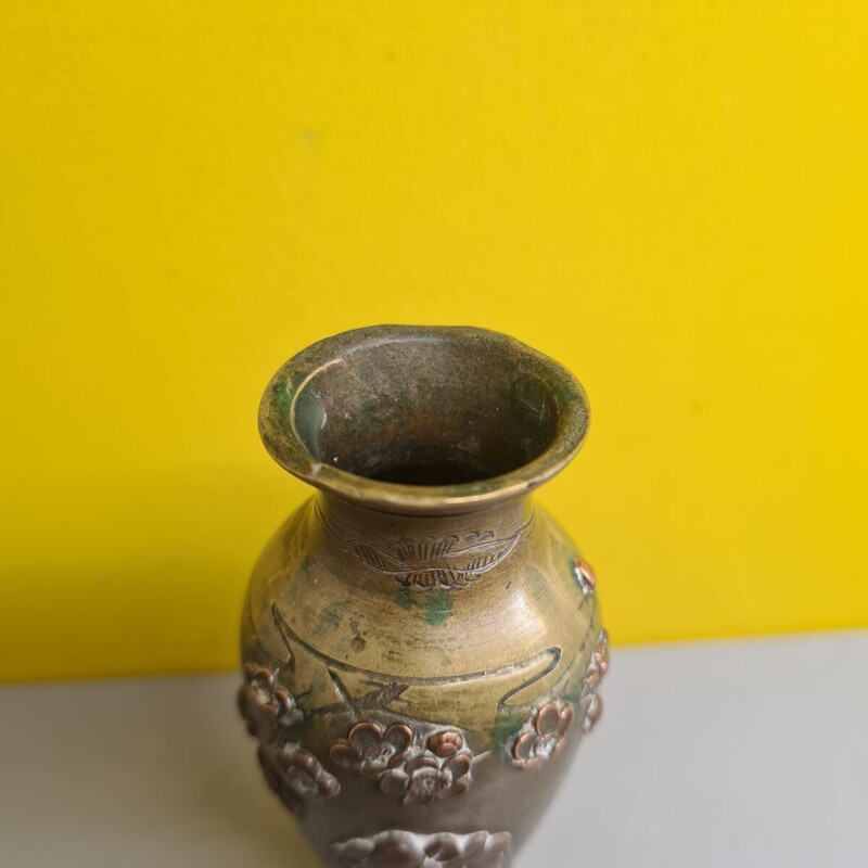 Vaso vintage in bronzo e rame incrostato del periodo Meji, Giappone