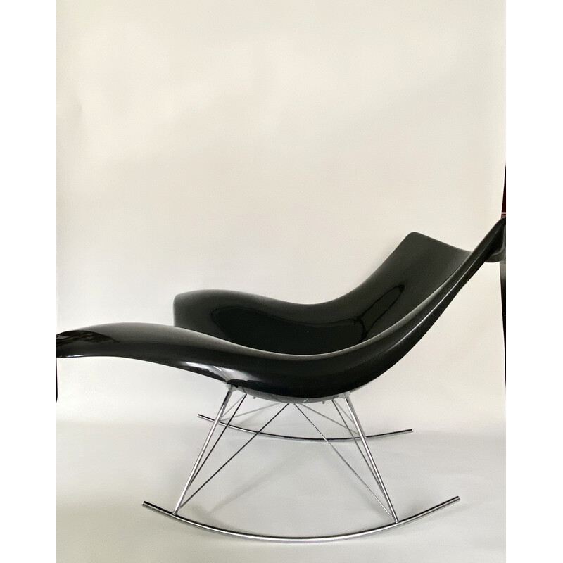 Fauteuil rocking chair vintage "Stingray" en plastique moulé noir et acier chromé de Thomas Pedersen pour Fredericia