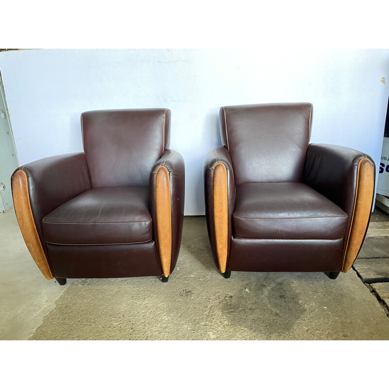 Pair of vintage "Club" armchairs in brown leather, 1970