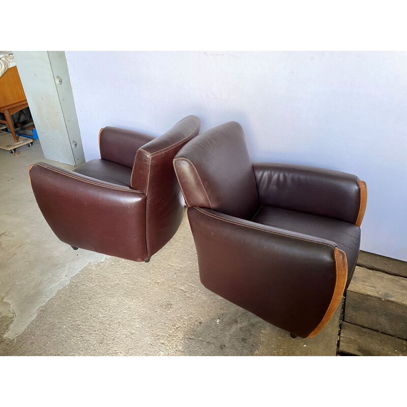 Pair of vintage "Club" armchairs in brown leather, 1970