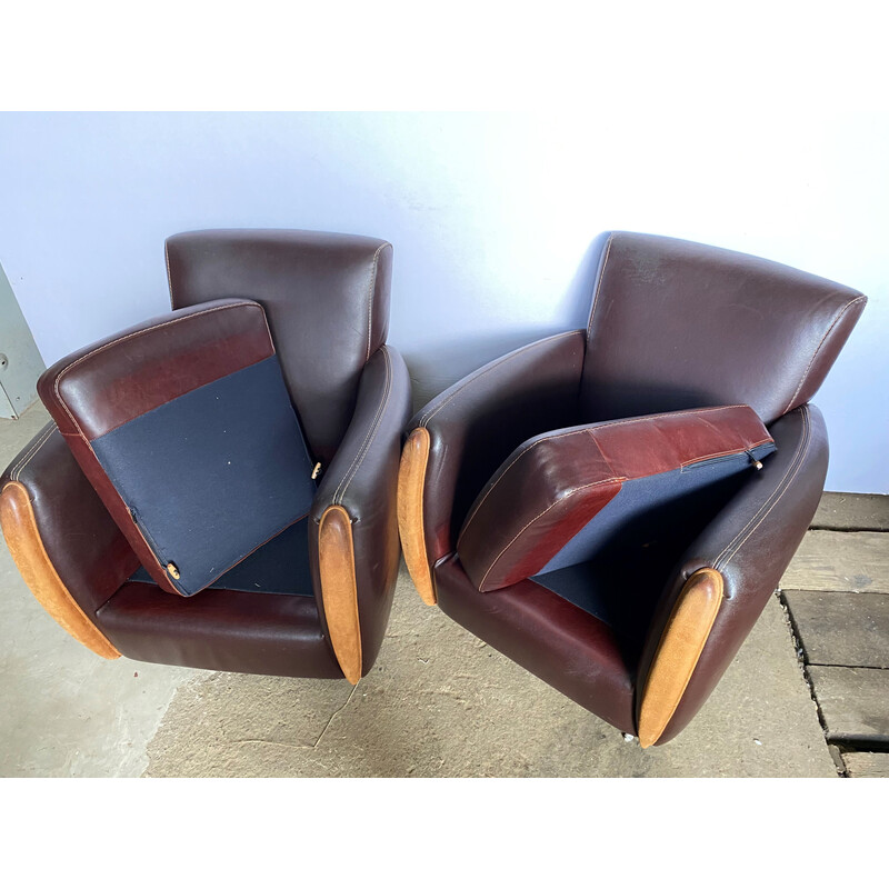 Pair of vintage "Club" armchairs in brown leather, 1970